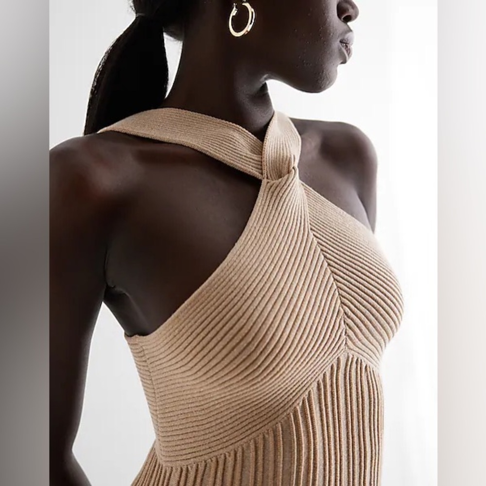 Metallic Ribbed Twist Halter Neck Fit and Flare Sweater Dress